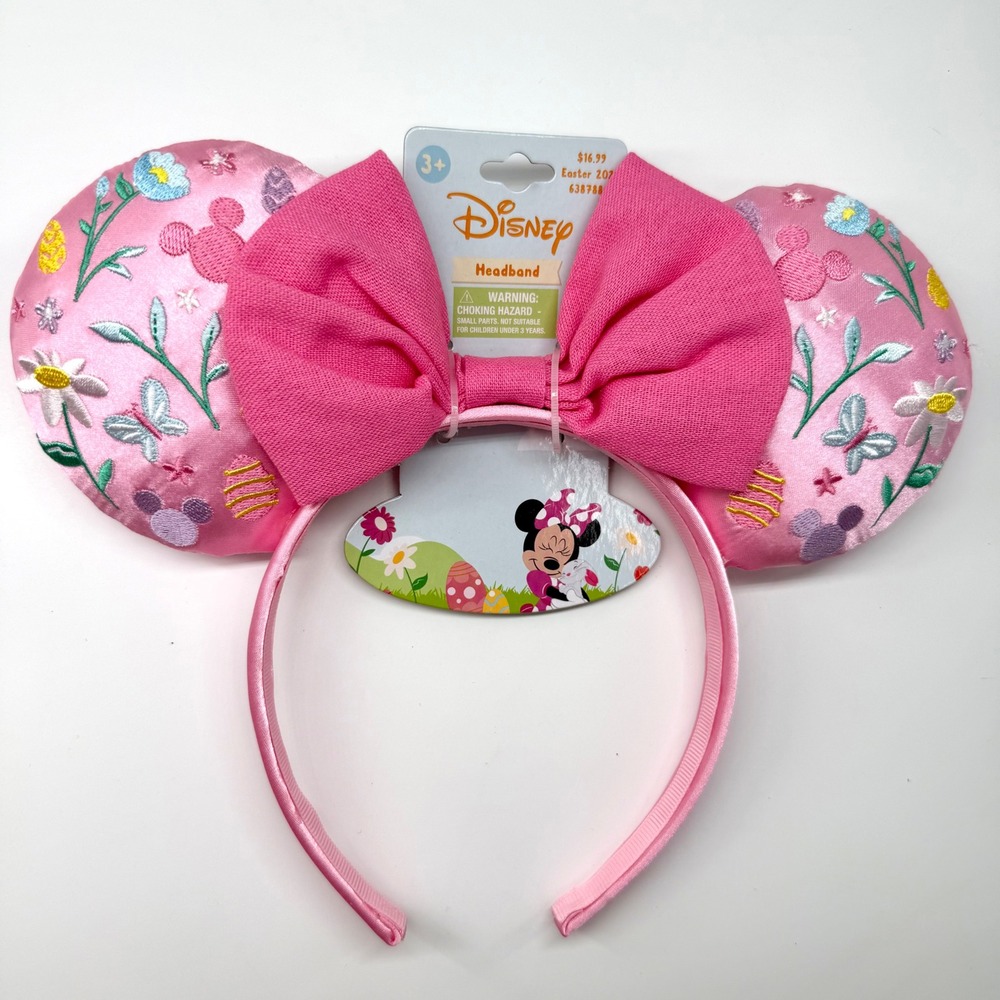 Disney Minnie Mouse Ear Headband Girls OS Pink NWT Easter Floral Embroidered Bow